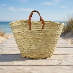 Handmade Straw Weaving <b>Basket</b> Leather Handles Natural Color Open Top <b>Storage</b> Bucket Minimalist Design Home Decor Natural <b>Baskets</b> - Product Image 2