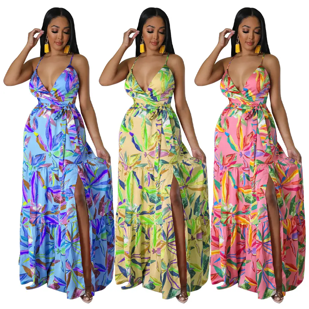 New Arrivals Summer Sling Beach Maxi Dress Ladies Sleeveless V Neck Print Long Dresses Women Bohemian Bandage Dress