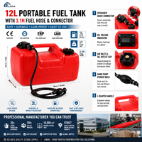 Linda 12L Tangki Bahan Bakar Portabel Anti Bocor, Tangki Minyak, Tangki Bensin, Tahan Lama, Pegangan Ergonomis Bentuk-I, Selang, Bersertifikasi CE EPA CARB, HDPE untuk Kapal