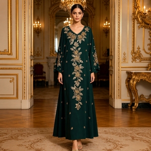 Robes Kaftan Col V Coupe Évasée Luxe Modeste Robe de Soirée Manches Longues Broderie Dorée Perles Chiffon Kaftan pour Mariage et Fêtes - Product Image 1