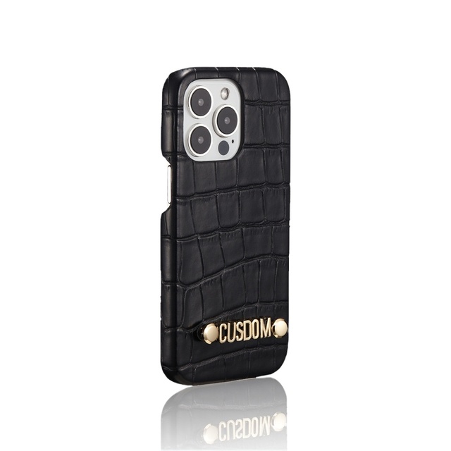 New Crocodile Pattern Genuine Leather Mobile Phone Case Customized Metal Letter Protective Cover for iPhone 14 Promax DIY Design