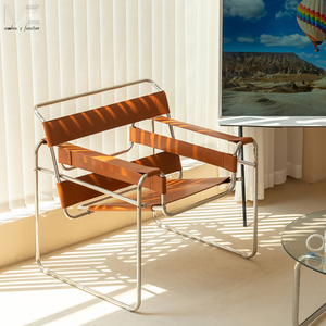 Ghế bành thiết kế giữa thế kỷ, khung thép không gỉ, ghế bành da trắng, ghế nghỉ ngơi, ghế trang trí bằng da bò - Product Image 2