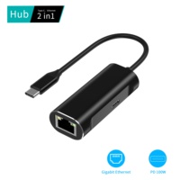 Venta al por mayor de aluminio Mini Hub Adaptador 2 puertos para Ethernet PD carga compatible tipo C enchufe RJ45 USB C Puerto USB Hub