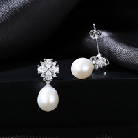 Clásico fino S925 plata copo de nieve Zirconia Natural perla de agua dulce collar pendiente boda compromiso conjunto de joyería nupcial
