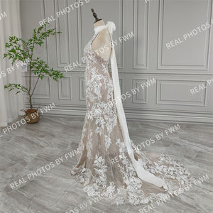 Vraies photos de haute qualité robe de mariée sirène en dentelle pailletée à licou pour femmes élégantes robe de mariée pour mariage 15889 - Product Image 3