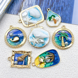 Nouvelles breloques tendance en métal, coquillages et étoiles <span class=keywords><strong>de</strong></span> mer sur fond bleu océan, pendentifs romantiques <span class=keywords><strong>de</strong></span> <span class=keywords><strong>jardin</strong></span> français, fleurs 3D, accessoires <span class=keywords><strong>de</strong></span> bijoux - Product Image 1