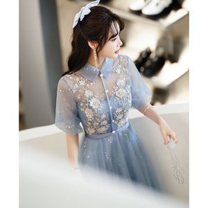 Blue A-Line Chiffon Evening Gown With Floral Embroidery Stand Neckline Natural Waist For Bridesmaid Graduation Events - Product Image 1