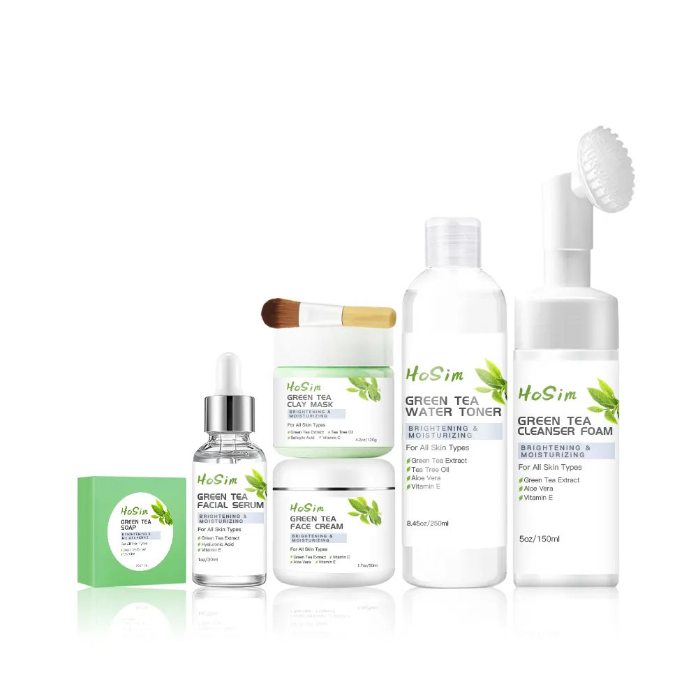 Conjunto de cuidados com a pele, chá verde (novo), hidratante brilhante, facial, espuma, argila, máscara, tonificador de água, creme facial