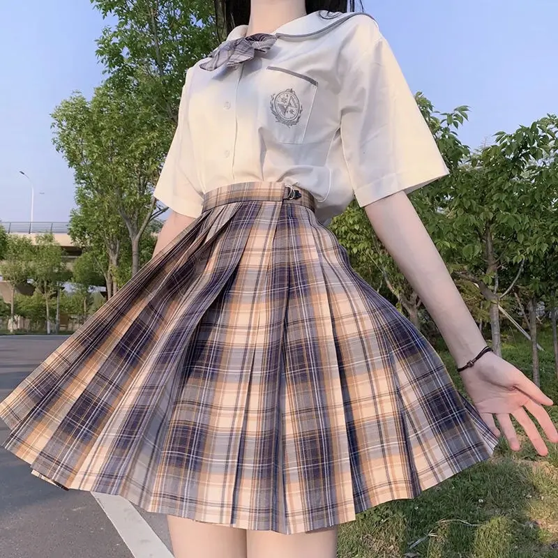 Wholesale Summer High School Girls High Waist Pleated Skirt JK School Uniform Skirt Sets Plaid Skirts Shirt Set