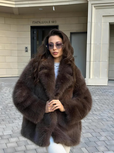 Manteau d'hiver chaud et épais pour <span class=keywords><strong>femme</strong></span> en fausse fourrure de renard marron foncé, mi-long, à grand col, ouvert sur le devant, veste moelleuse et oversize pour le quotidien - Product Image 3