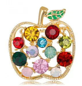 Fashion Unique Lady Party Accessories Hollow Colorful Rhinestone Apple Fruit Brooches Pins For Women Jewelry