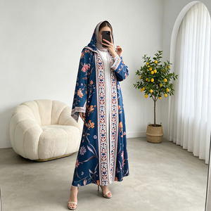 Floral Print Abaya <b>Set</b> for Women Deep Chiffon Open Front Hooded Muslim Dress with Hijab Ramadan Eid <b>Modest</b> Wear Kaftan - Product Image 3