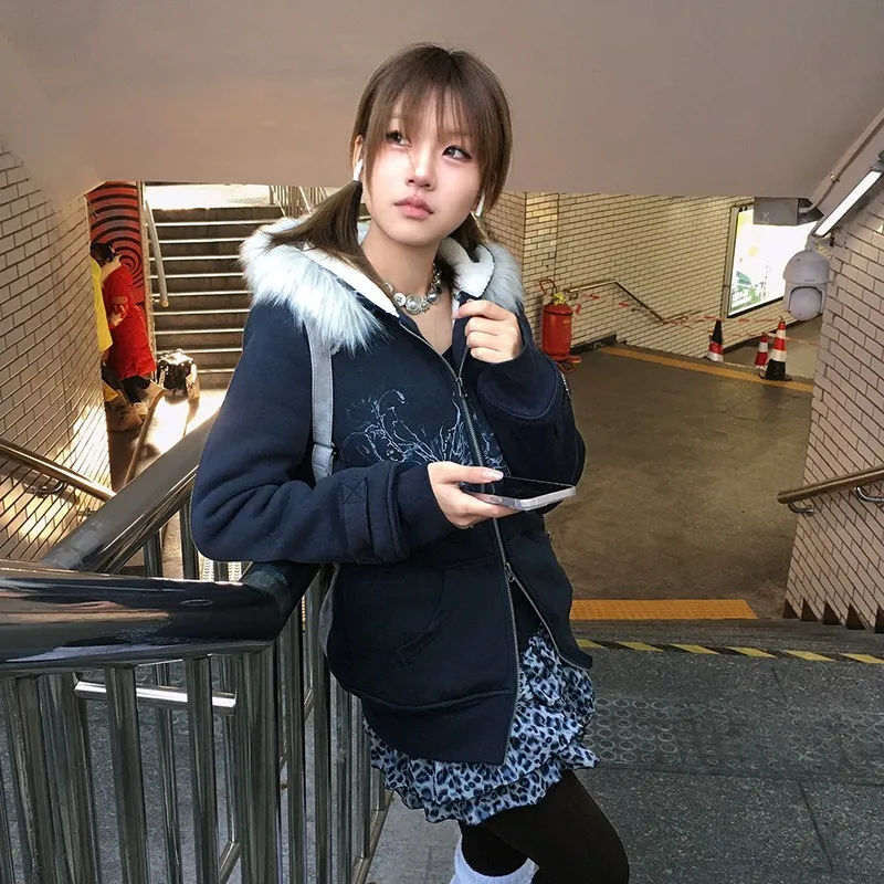 Japanese Y2k Fur Hooded Coat Grunge Aesthetics Tattoo Print Jacket