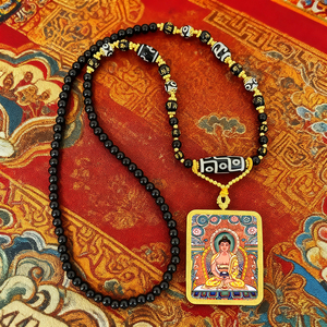Pendentif Amulette Thangka de la Richesse du Dieu Jaune, Marque Benmingfo, avec Lanière en Bambou, Bodhisattva Manjusri Samouraï, Collier Noir - Product Image 4