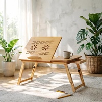 Bureau d'ordinateur portable simple et moderne en bambou, pliable et réglable à un seul niveau, avec tiroir et ventilateur, idéal pour dortoir, étude et utilisation au chevet.
