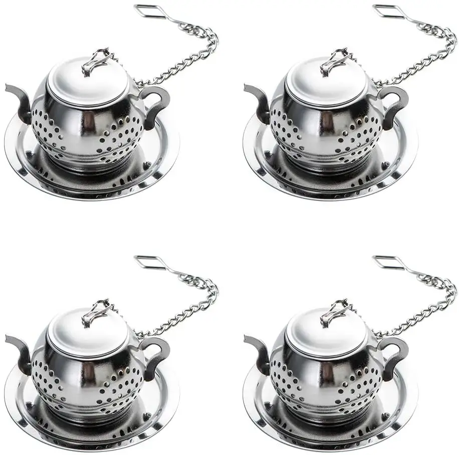 Source Factory Stainless Steel Leaf Tea Infuser Teapot Shaped Loose Strainer Filter With Chain and Tray for Mug Cups