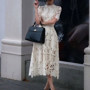 Fabricante de Ropa, Vestido de Encaje Blanco de Verano, Mangas Cortas, Vestidos Midi Casuales de Algodón con Encaje Calado para Mujer - Product Image 2