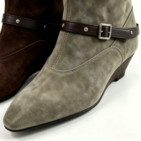 Bottes mi-mollet imperméables en faux daim à bout pointu et talon compensé pour femme, avec revers rabattable et bride à boucle métallique, style vintage, personnalisables et tendance