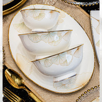 Service de table en porcelaine fine de style nordique européen avec bordure dorée, motif paysager, luxe pour la maison et la restauration, sans danger pour les aliments