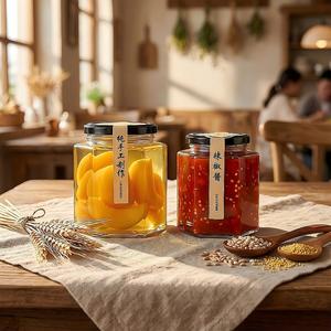 100 180 280 380 500 730 60 شكل سداسي الشكل مربى العسل المخللات الزجاج جرة مع التواء قبالة الغطاء - Product Image 1