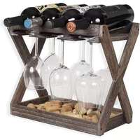 Porte-vin rustique en bois avec porte-verres, organisateur de rangement pour bouteilles de vin sur comptoir, avec plateau à bouchons, 4 bouteilles, 6 verres