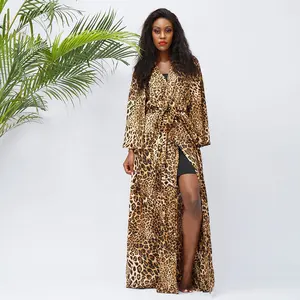 Kimono largo con estampado de leopardo salvaje para mujer, bata de noche Sexy de manga larga de talla grande, venta al por mayor, vestidos de noche largos de fábrica