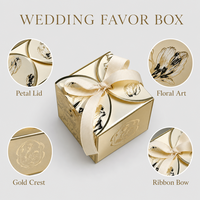 Boîte à dragées de luxe pour mariage, couvercle en forme de pétale doré, design floral, ruban en satin, nœud, boîte cadeau pour chocolat, OEM, marque privée, vente en gros
