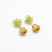 Anting-anting kristal buatan tangan CE007, bunga kering asli mawar kuning, anting-anting emas model bunga, aksesoris pernikahan pengantin.