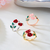 Meilleure vente Rose fleur ensemble de bijoux alliage émail réglable bracelet et bague minimaliste correspondant cadeau pour femmes filles tenue quotidienne