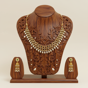 Traditional gold pearl drop <b>necklace</b> set with <b>delicate</b> chain design and matching earrings Indian ethnic bridal jewelry - Product Image 1