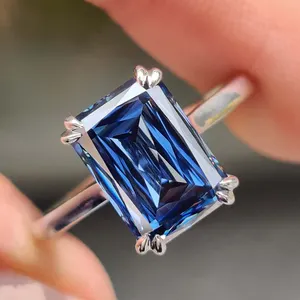 Royal Blue single gemstone Cross emerald cut moissanite solid white gold blue stone solitaire ring gold band