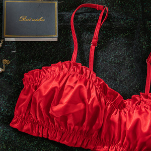 Women Red Satin Ruffle Lingerie <b>Set</b> 2 Piece Wireless Ruched Crop Bra and Thong <b>Set</b> Solid Color Intimates Breathable <b>Sexy</b> Bra <b>Set</b> - Product Image 5