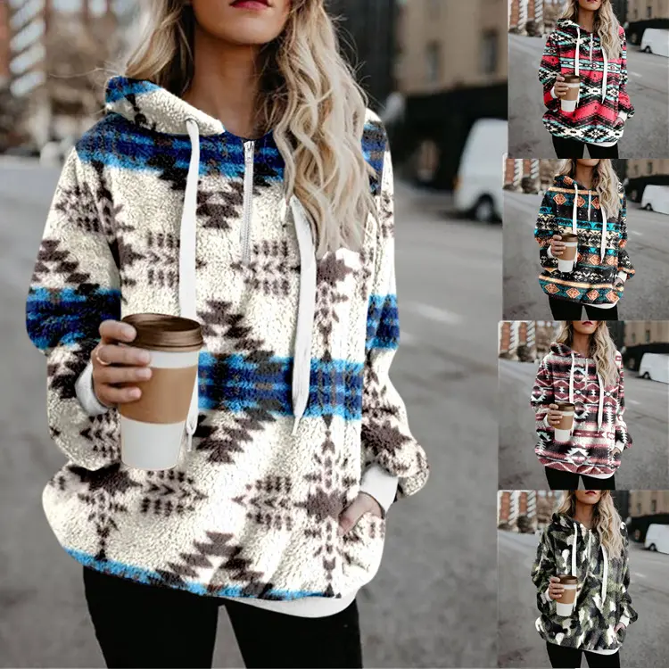 Wholesale Price Customized Designs Newest Tops Fall/Winter National Style Printed Aztec Hoodie Velvet Sweater for Women