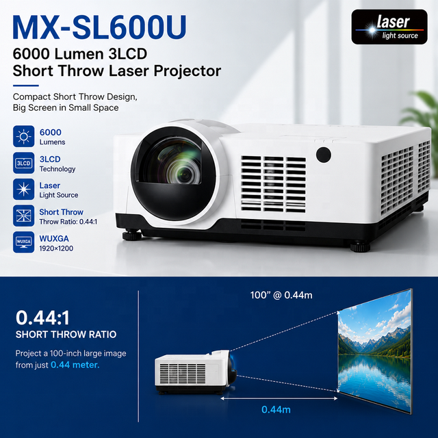 6000 Lumens 3LCD Short Throw Laser Projector WUXGA 1920x1200 0.44:1 Large Screen Projector for Business Education