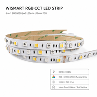 Bande LED WISMART 12V 24V SMD5050 RGB CCT 5 en 1, 60 LED/m, 12 mm, 5 m, 14,4 W, IP20, blanc réglable, éclairage multicolore pour décoration intérieure