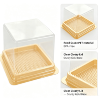 Boîte à gâteau carrée en PET transparent avec base dorée, jetable, pour mousse, tiramisu et pâtisseries
