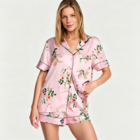Pyjama court d'été personnalisé pour femmes, vêtements de nuit surdimensionnés, imprimé floral, pyjama en satin de luxe avec bordure contrastée pour femmes