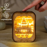 Lampe d'ambiance LED personnalisée avec logo rétro, en bois massif naturel, sculptée en 3D, effet superposé, veilleuse, boîte à ombre paysage urbain, cadeau Glycine