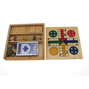 Hot Selling 4 in1 Travel Combined Small Family Play Wooden Ludo Board Game with Domino and Mikado
