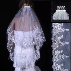 2 Lagen 60 + 90Cm Gezichtssluier Tulle Lace Applique Wit/Ivoor Korte Wedding Veils Bridal Veils Met kam