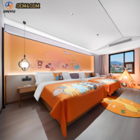 Collection de meubles modernes pour chambre d'hôtel avec cadres de lit jumeaux, bureau, chaise, meuble TV, banc et rangements pour chambre d'hôtes