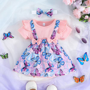 Mono Casual para Bebés Niñas de 3 a 24 Meses, Manga Corta, Lindo Vestido Floral con Lazo - Product Image 1