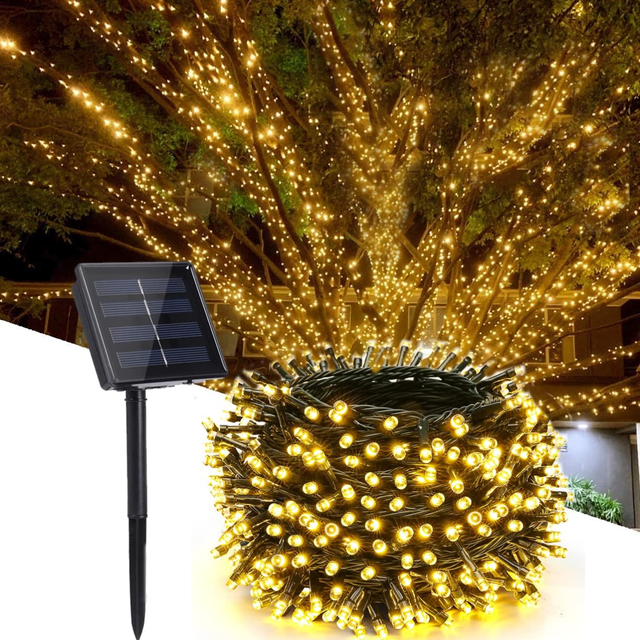 Outdoor Tree Garden Patio Christmas Wedding Decor Solar Powered Warm White LED String Lights IP65 Waterproof Auto On/Off 8 Modes