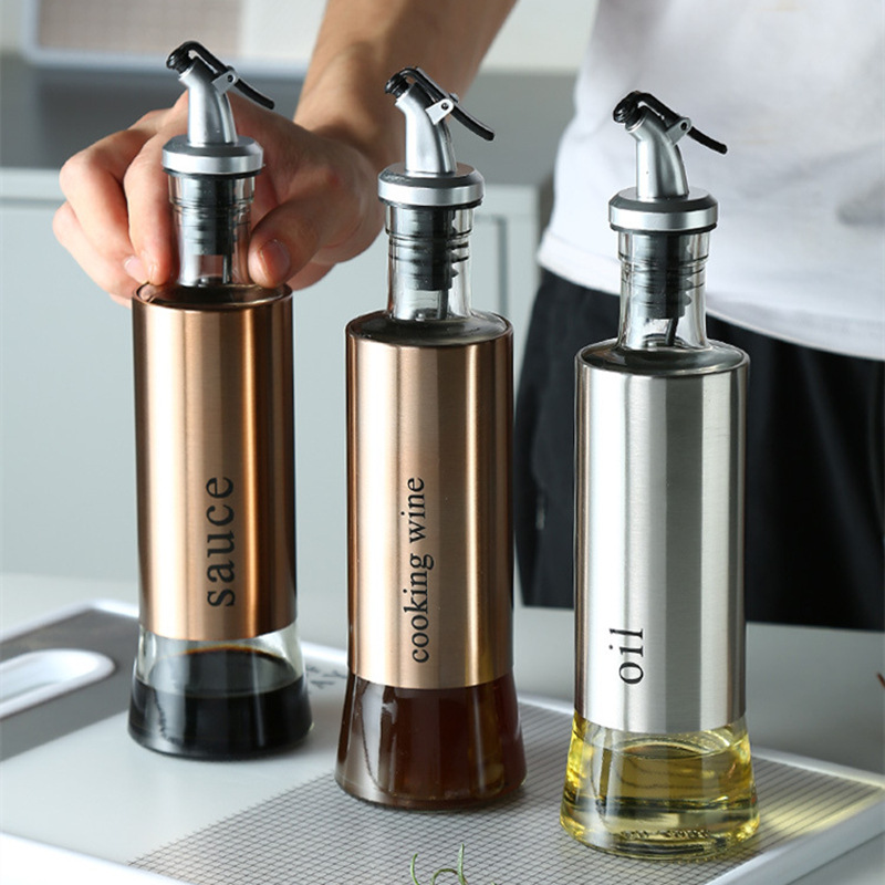 Wholesale 300ml 500ml Glass Olive kitchen sauce cooking Oil Dispenser Bottles With Stainless Steel Coating