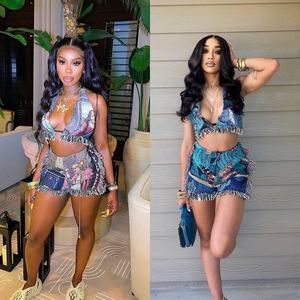 OUDINA Set Due Pezzi per Donna 2022, Top Corto Senza Maniche con Stampa e Frange, Completo Corto con Gonna a Frange - Product Image 1