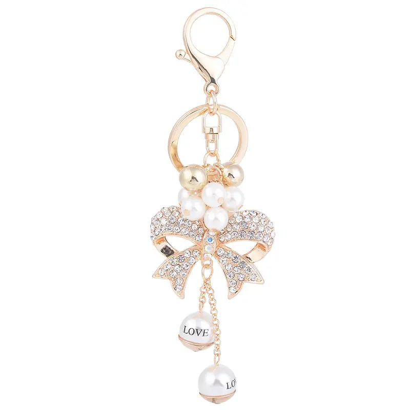 Perhiasan halus liontin tas pegangan mobil gantungan kunci rantai pita Aloi kristal mutiara untuk wanita anak perempuan hadiah perhiasan kunci