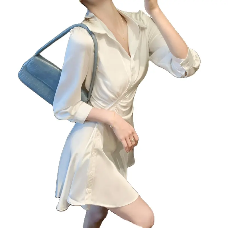 Áo sơ mi trắng phong cách Pháp Đầm nữ mùa xuân 2024 mới thắt eo đơn giản gợi cảm