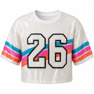 Custom <b>Sequin</b> Basketball Fan <b>Crop</b> <b>Top</b> Women's Jersey Style Game Day Apparel Number Print Spirit Wear Wholesale - Product Image 3