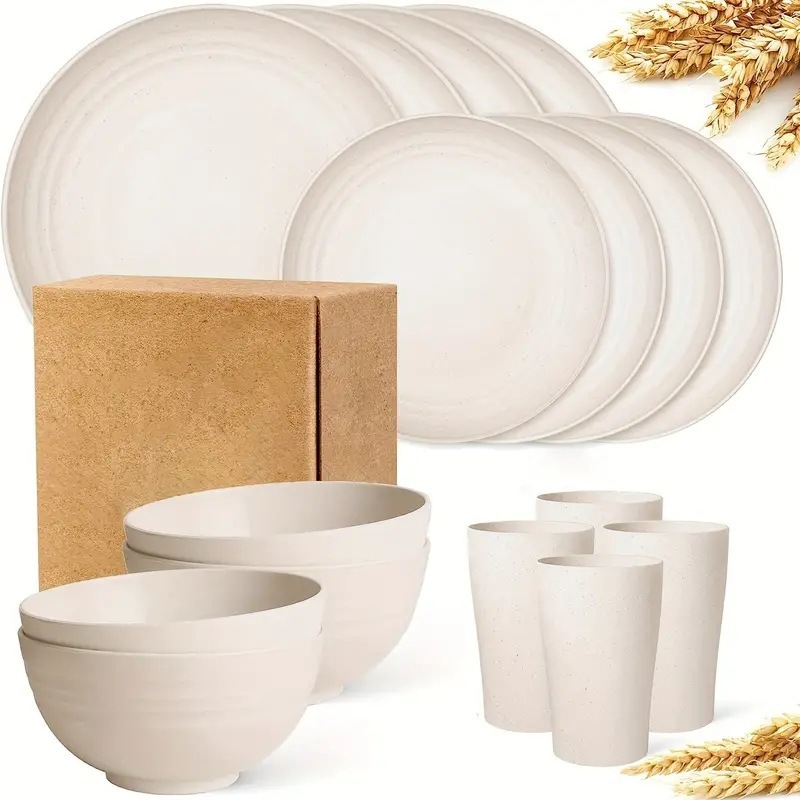Ensemble beige 16 pièces comprenant des bols de 23/20/15 cm, ainsi que de petites tasses à taille fine.