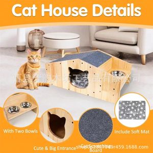 Casa para gatos de madera maciza con estación de alimentación y tapete rascador para gatos pequeños, forma rectangular, muebles multifuncionales para mascotas - Product Image 4